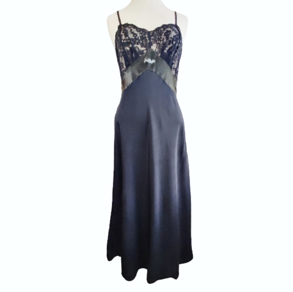 Vintage 1930's Glamourous Black Bias Cut Silk/Lace Slip-Dress  Bound Scallop Hem - Picture 1 of 11